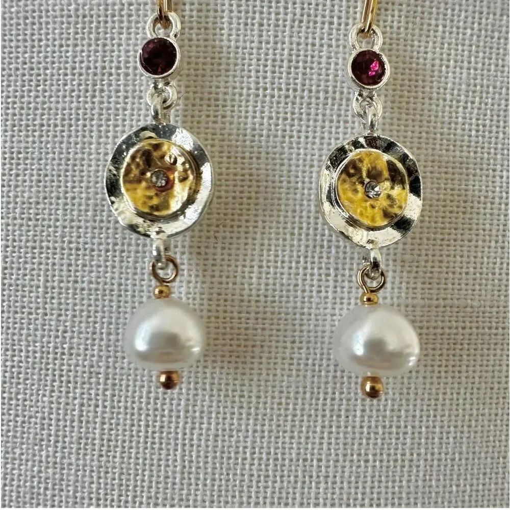 Faux pearl silver gold tone drop earrings